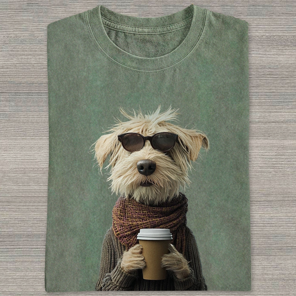 Hipster Shaggy Dog Sunglasses Scarf Coffee Cup Realistic Portrait  Washed T-shirt