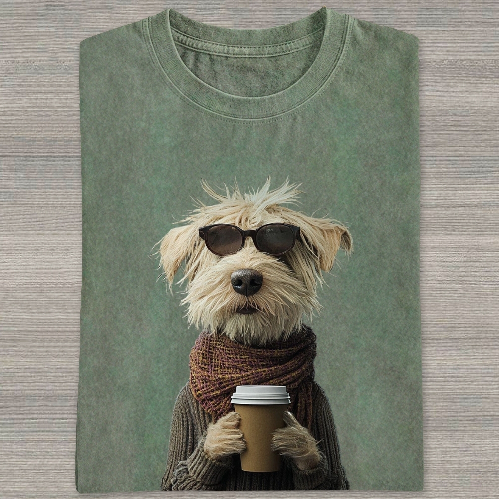Hipster Shaggy Dog Sunglasses Scarf Coffee Cup Realistic Portrait  Washed T-shirt