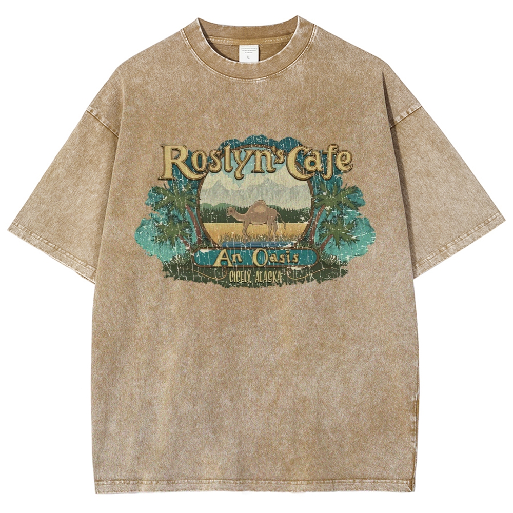Mountain Camel Desert Cafe Retro Badge Tan Washed T-Shirt