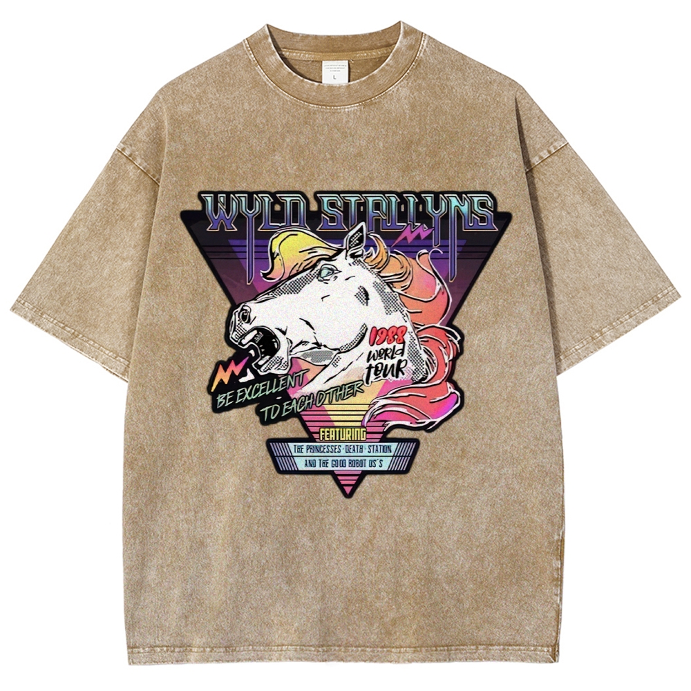80s Retro Neon Triangle Rock Band Stallion Tour Washed T-Shirt