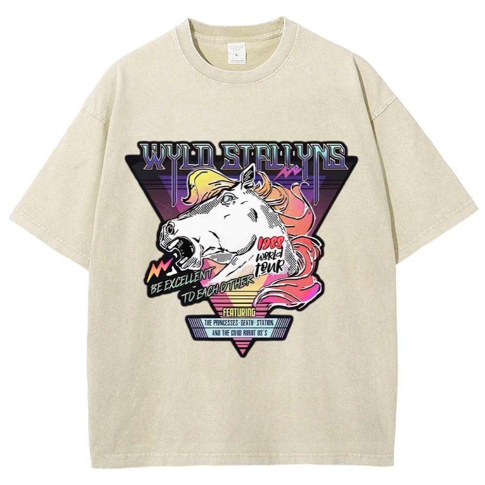 80s Retro Neon Triangle Rock Band Stallion Tour Washed T-Shirt