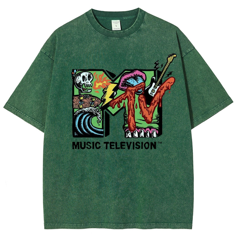 Grunge Punk Skull Skateboard Graffiti Music Television Washed T-Shirt 