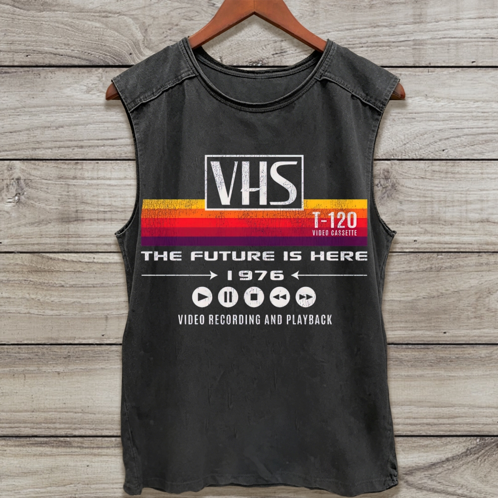 Retro VHS Tape Rainbow Stripe Play Button  Washed Tank Top