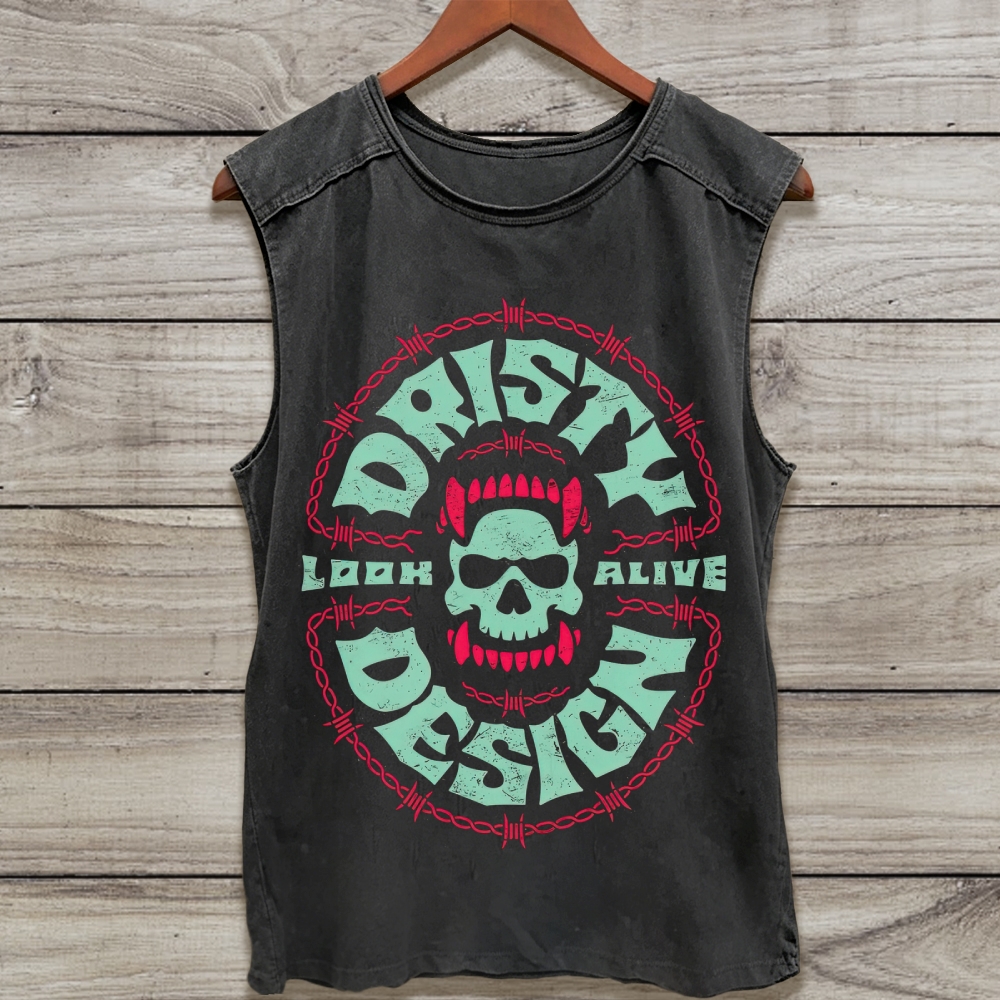 Barbed Wire Skull Fangs Punk Graphic Washed Tank Top