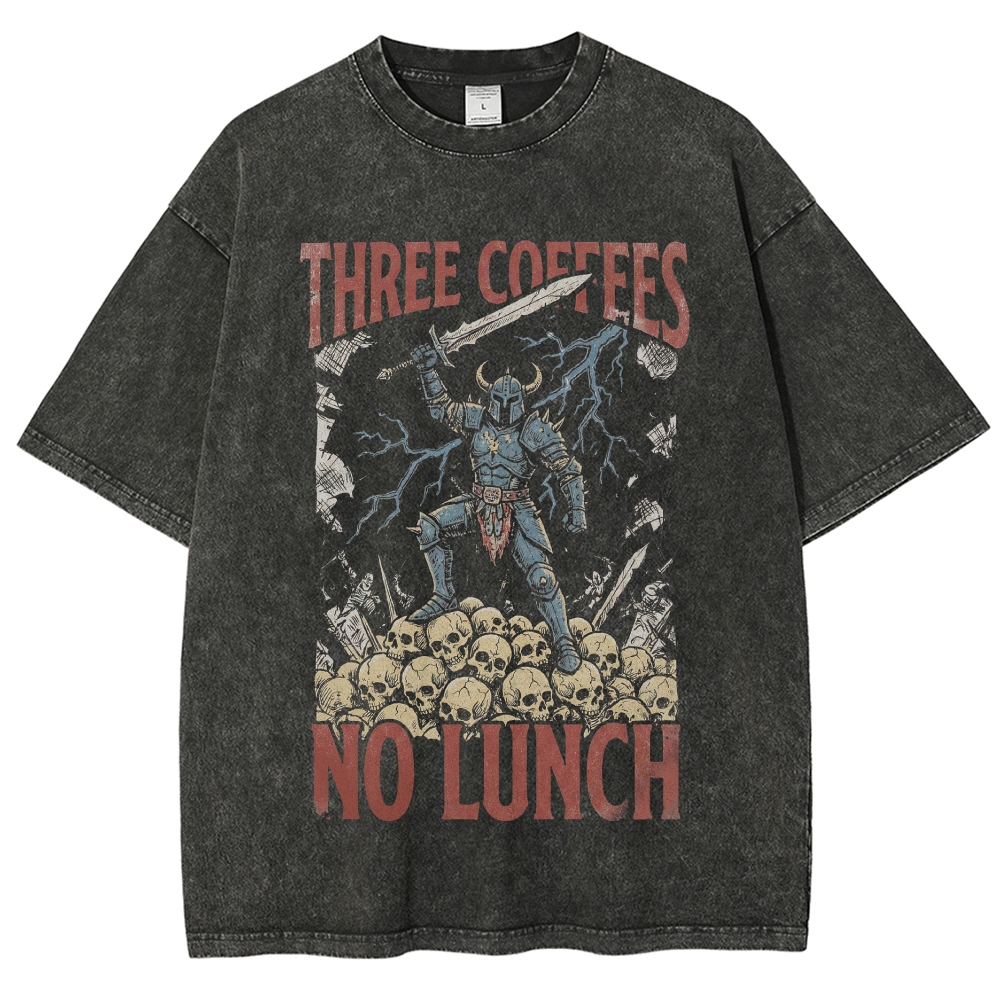Three Coffees No Lunch Dark Viking Warrior Washed T-Shirt
