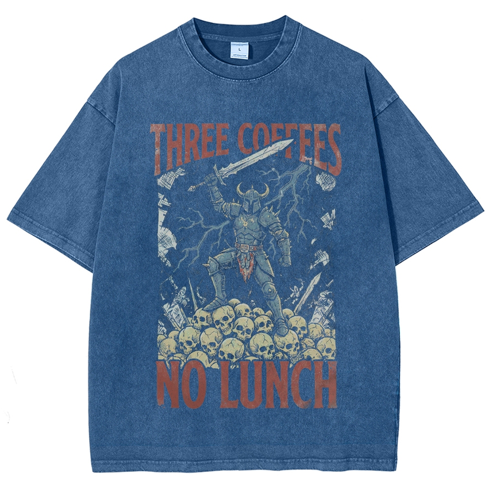 Three Coffees No Lunch Dark Viking Warrior Washed T-Shirt