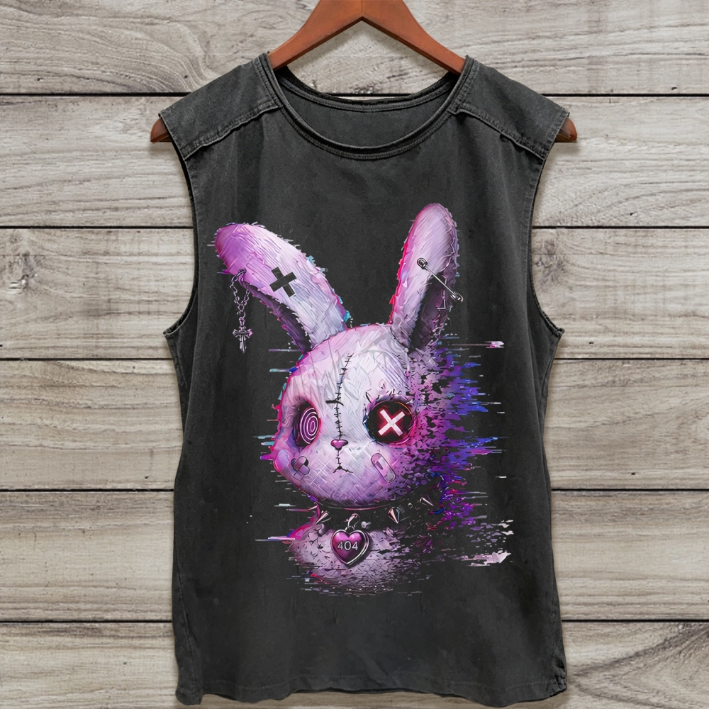 Glitch Stitched Punk Bunny Graphic Washed Tank Top 