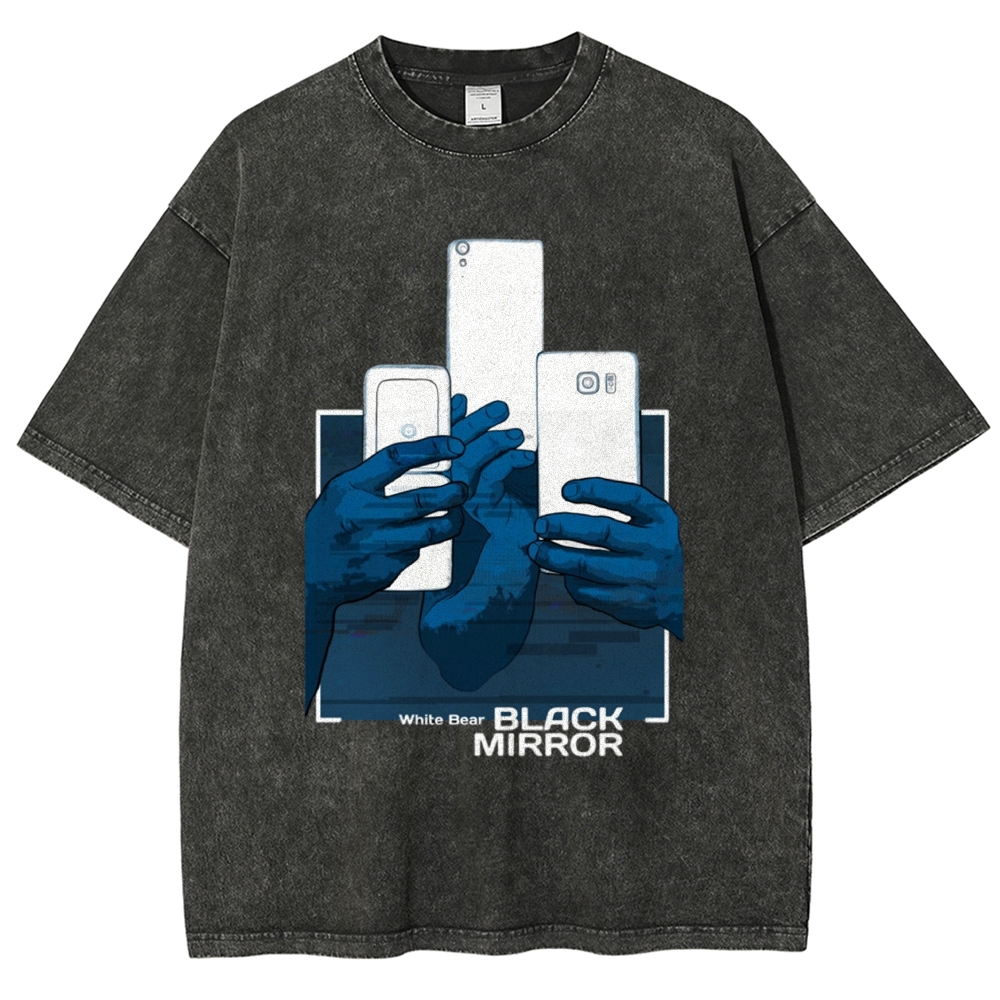 Blue Tone Multiple Hands Phone Graphic Washed T-Shirt 