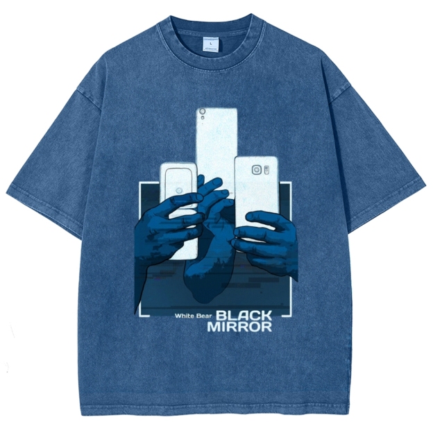 Blue Tone Multiple Hands Phone Graphic Washed T-Shirt 