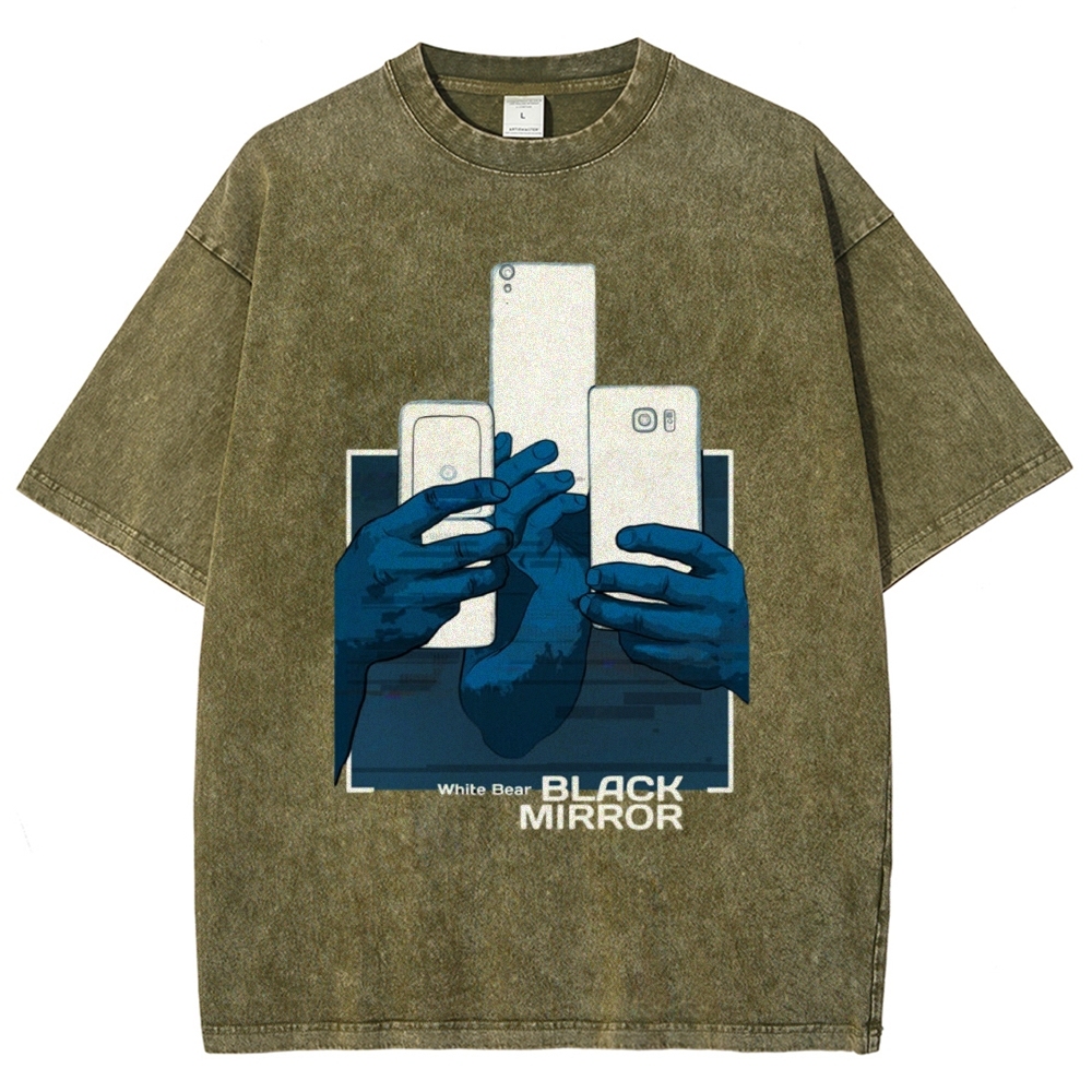 Blue Tone Multiple Hands Phone Graphic Washed T-Shirt 