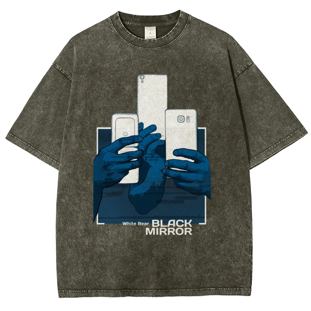 Blue Tone Multiple Hands Phone Graphic Washed T-Shirt 