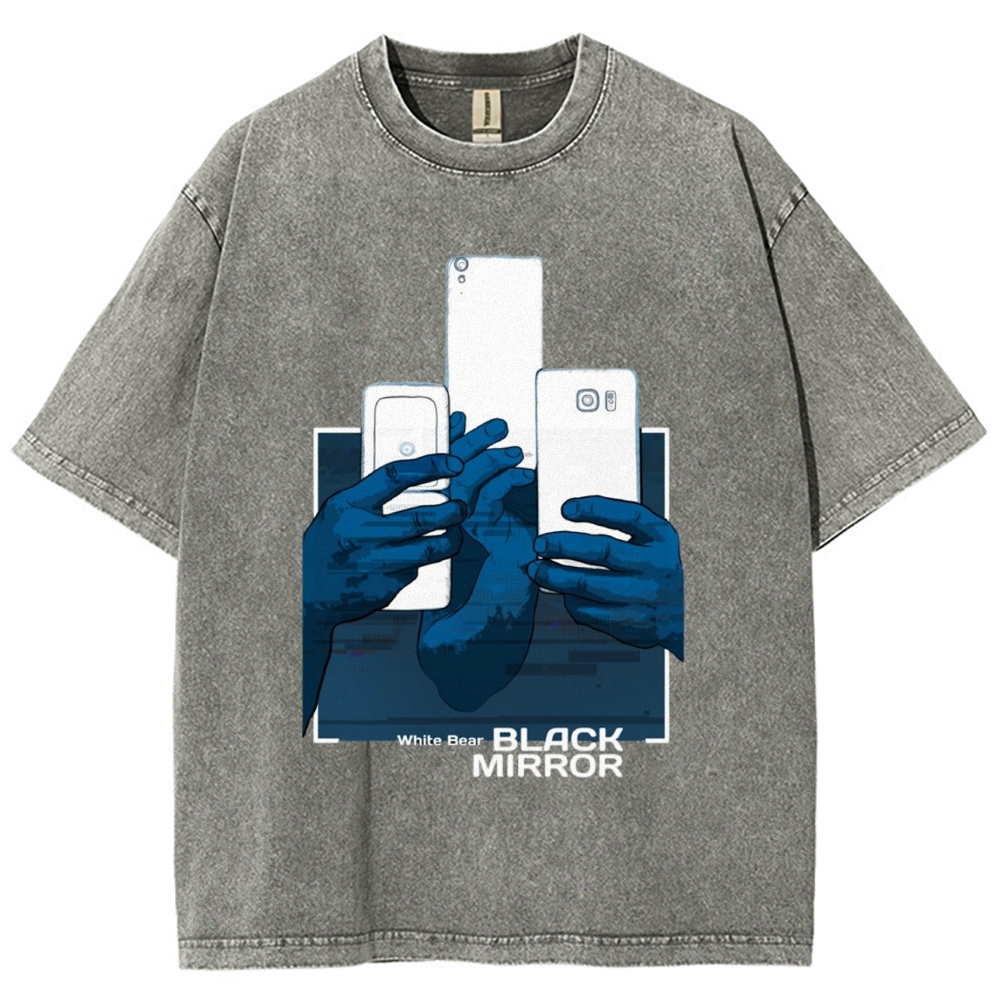 Blue Tone Multiple Hands Phone Graphic Washed T-Shirt 