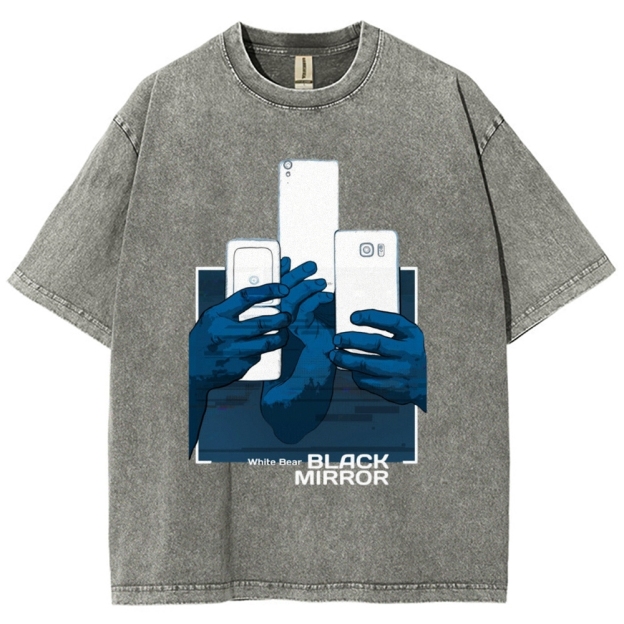 Blue Tone Multiple Hands Phone Graphic Washed T-Shirt 