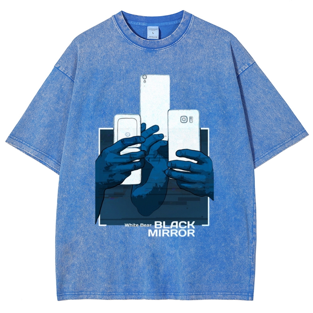 Blue Tone Multiple Hands Phone Graphic Washed T-Shirt 
