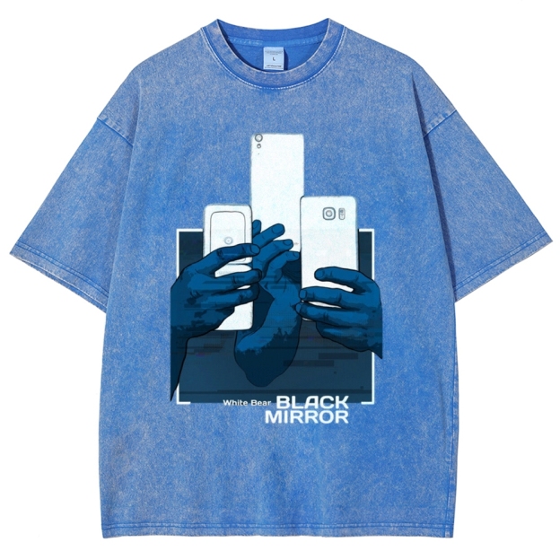 Blue Tone Multiple Hands Phone Graphic Washed T-Shirt 