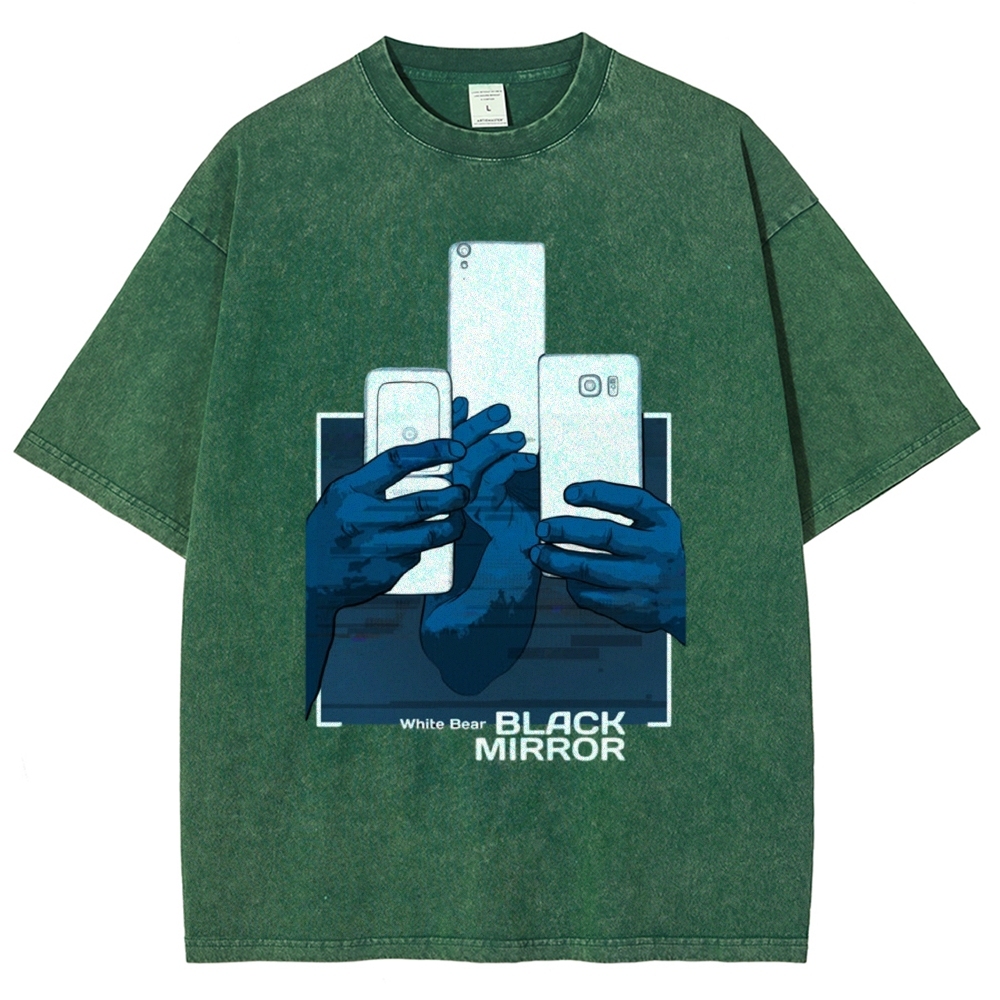 Blue Tone Multiple Hands Phone Graphic Washed T-Shirt 