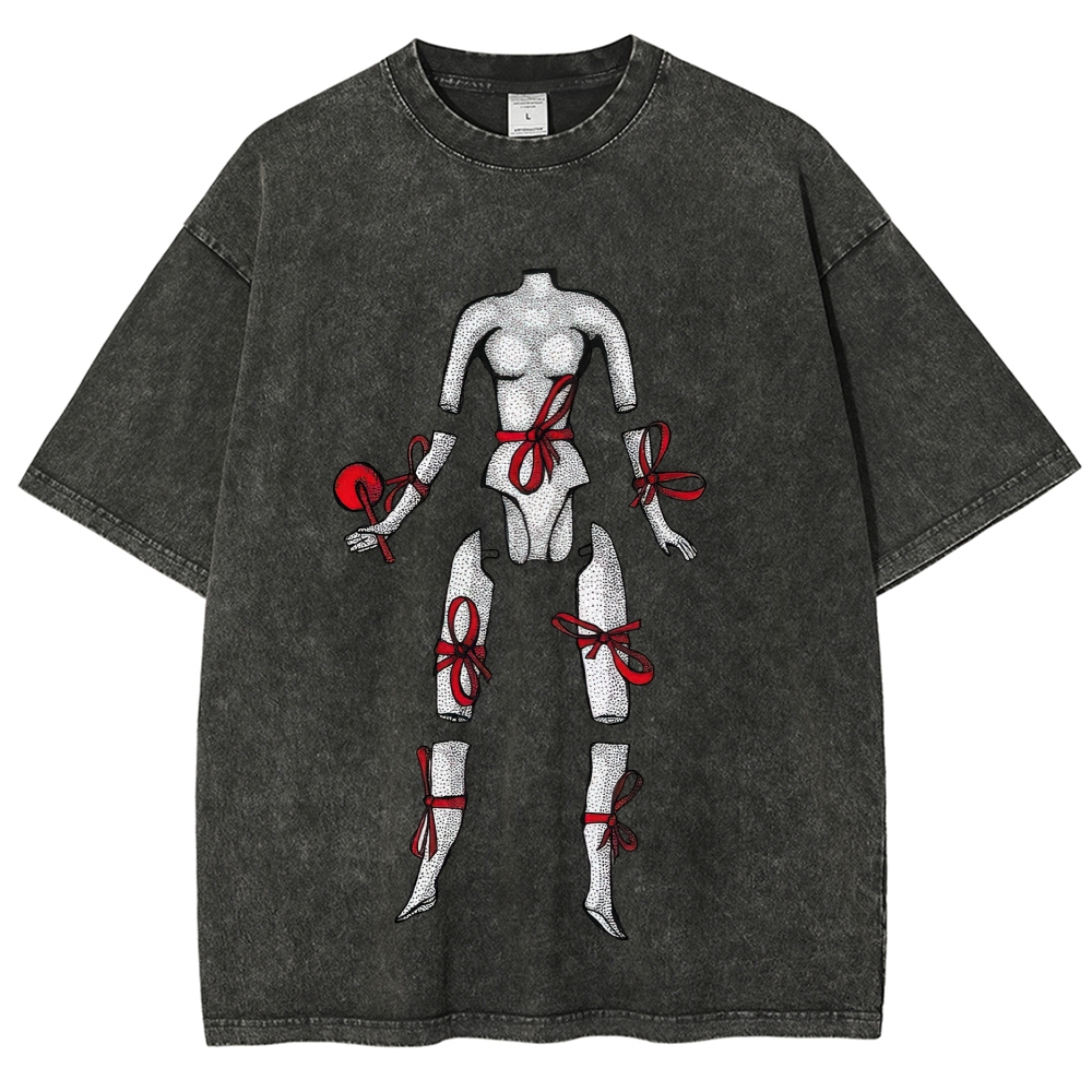 Hand Drawn Disjointed Mannequin Red Ribbon Washed T-Shirt