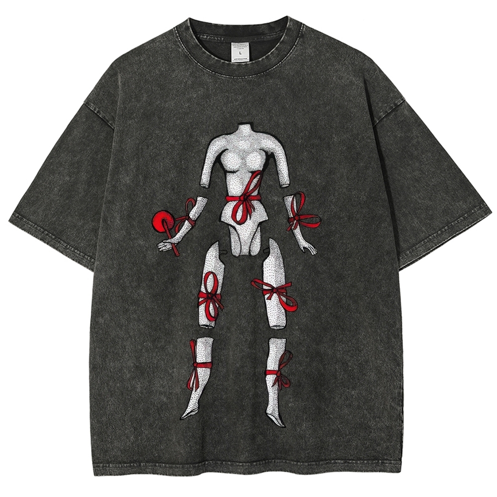 Hand Drawn Disjointed Mannequin Red Ribbon Washed T-Shirt