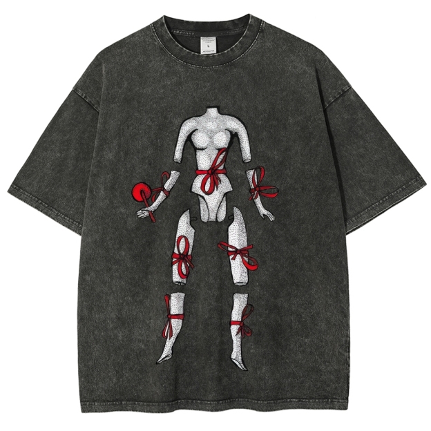 Hand Drawn Disjointed Mannequin Red Ribbon Washed T-Shirt