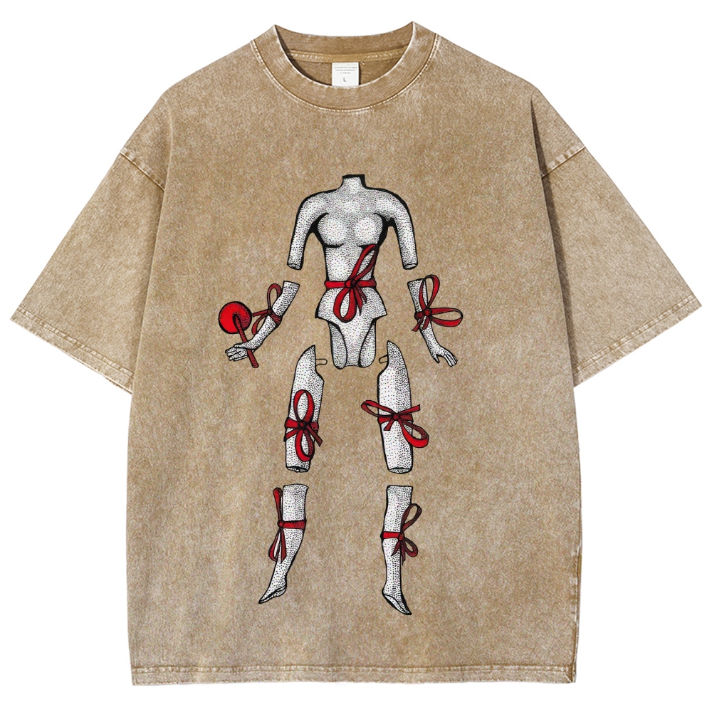 Hand Drawn Disjointed Mannequin Red Ribbon Washed T-Shirt
