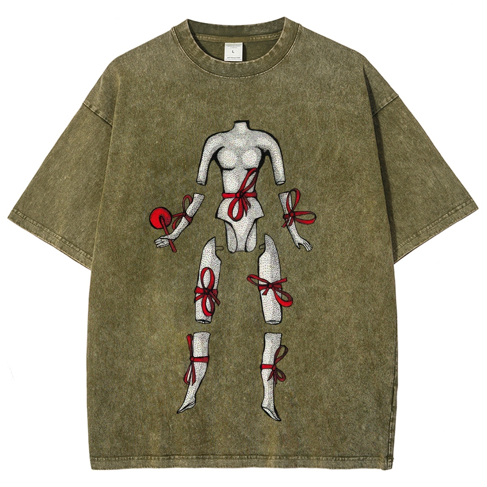 Hand Drawn Disjointed Mannequin Red Ribbon Washed T-Shirt