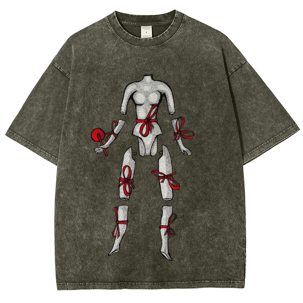 Hand Drawn Disjointed Mannequin Red Ribbon Washed T-Shirt