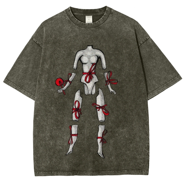 Hand Drawn Disjointed Mannequin Red Ribbon Washed T-Shirt