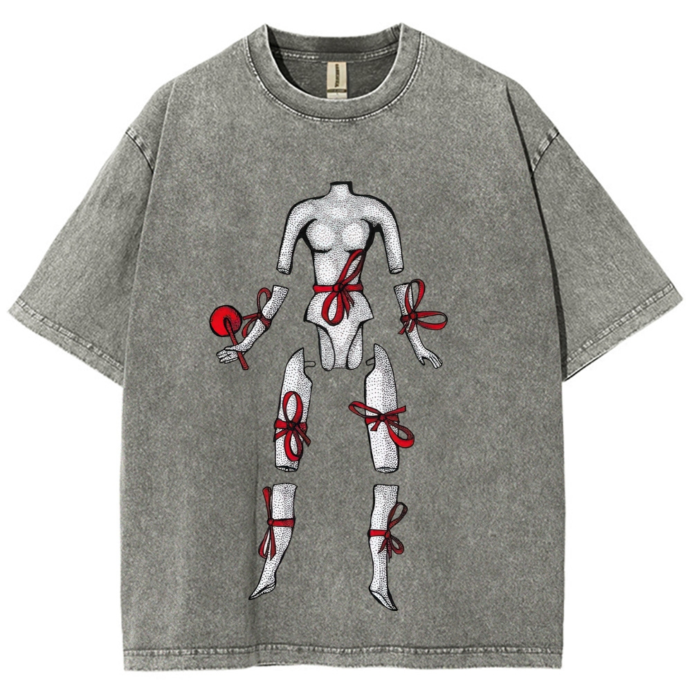 Hand Drawn Disjointed Mannequin Red Ribbon Washed T-Shirt