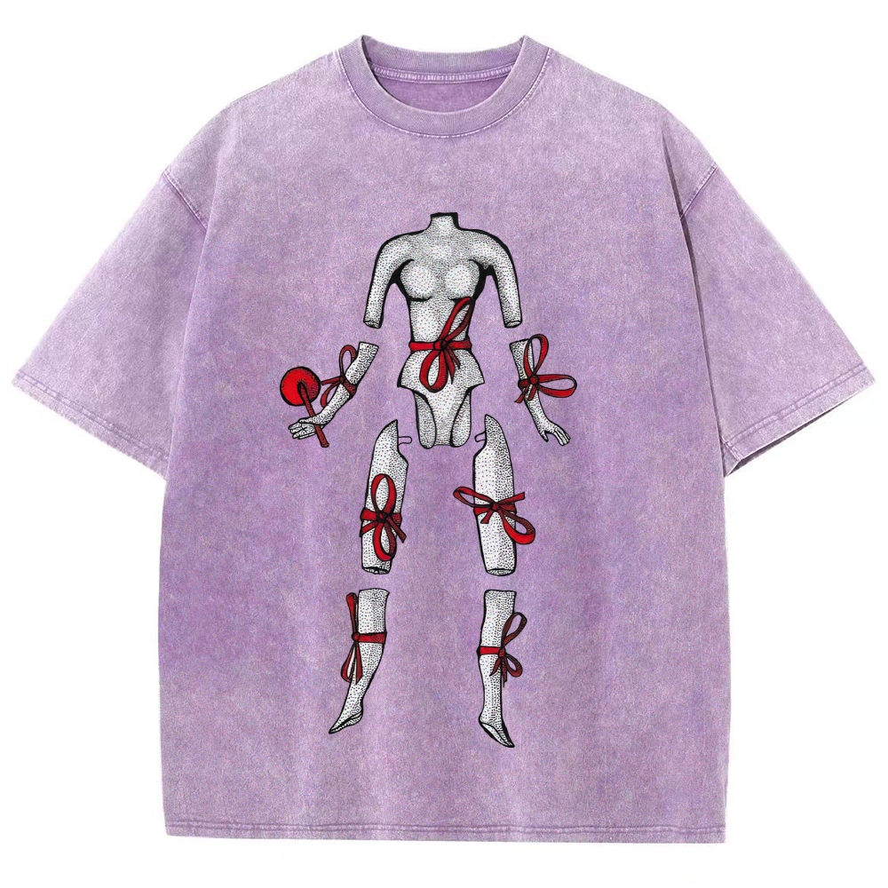 Hand Drawn Disjointed Mannequin Red Ribbon Washed T-Shirt