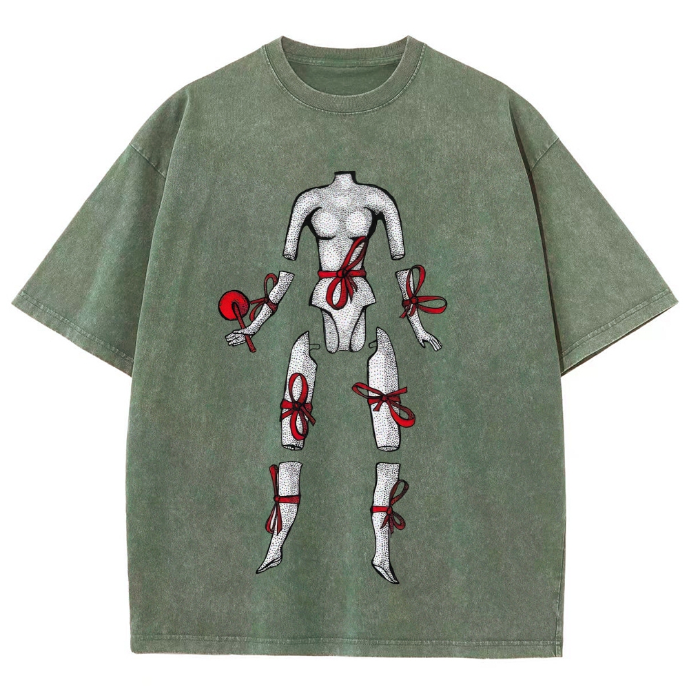 Hand Drawn Disjointed Mannequin Red Ribbon Washed T-Shirt