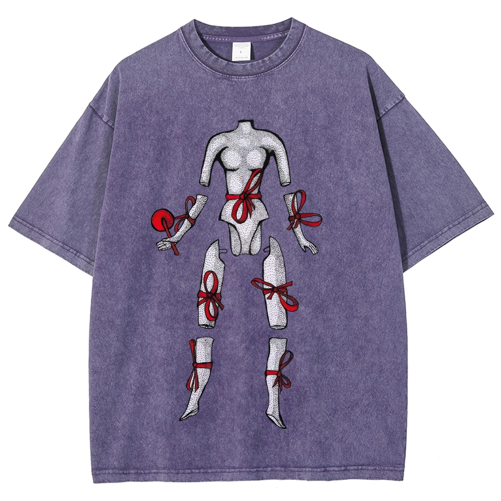 Hand Drawn Disjointed Mannequin Red Ribbon Washed T-Shirt