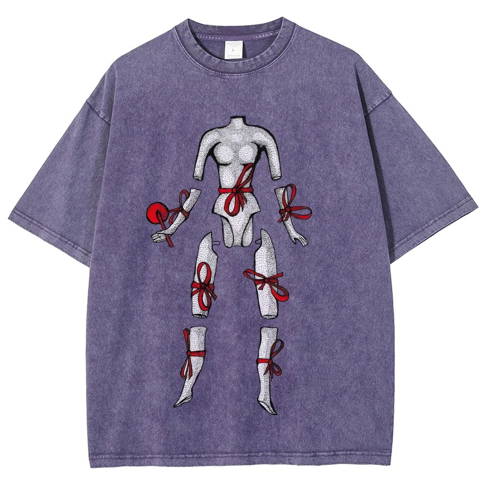 Hand Drawn Disjointed Mannequin Red Ribbon Washed T-Shirt