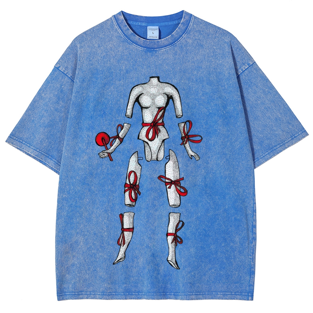 Hand Drawn Disjointed Mannequin Red Ribbon Washed T-Shirt