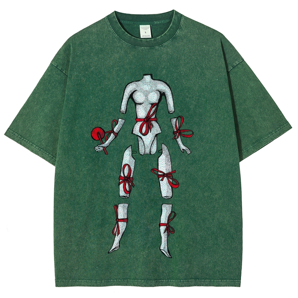 Hand Drawn Disjointed Mannequin Red Ribbon Washed T-Shirt