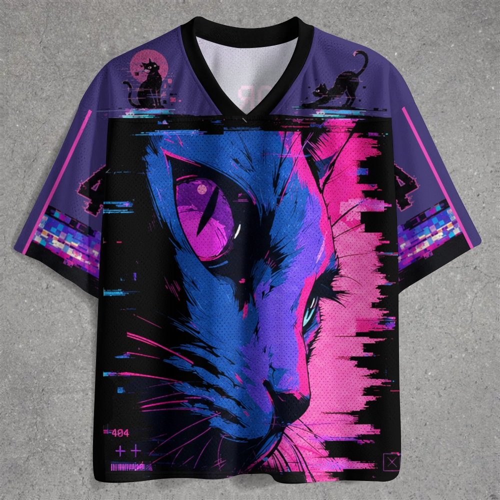 Glitch Neon Cat Portrait Purple Mesh Jersey Shirts