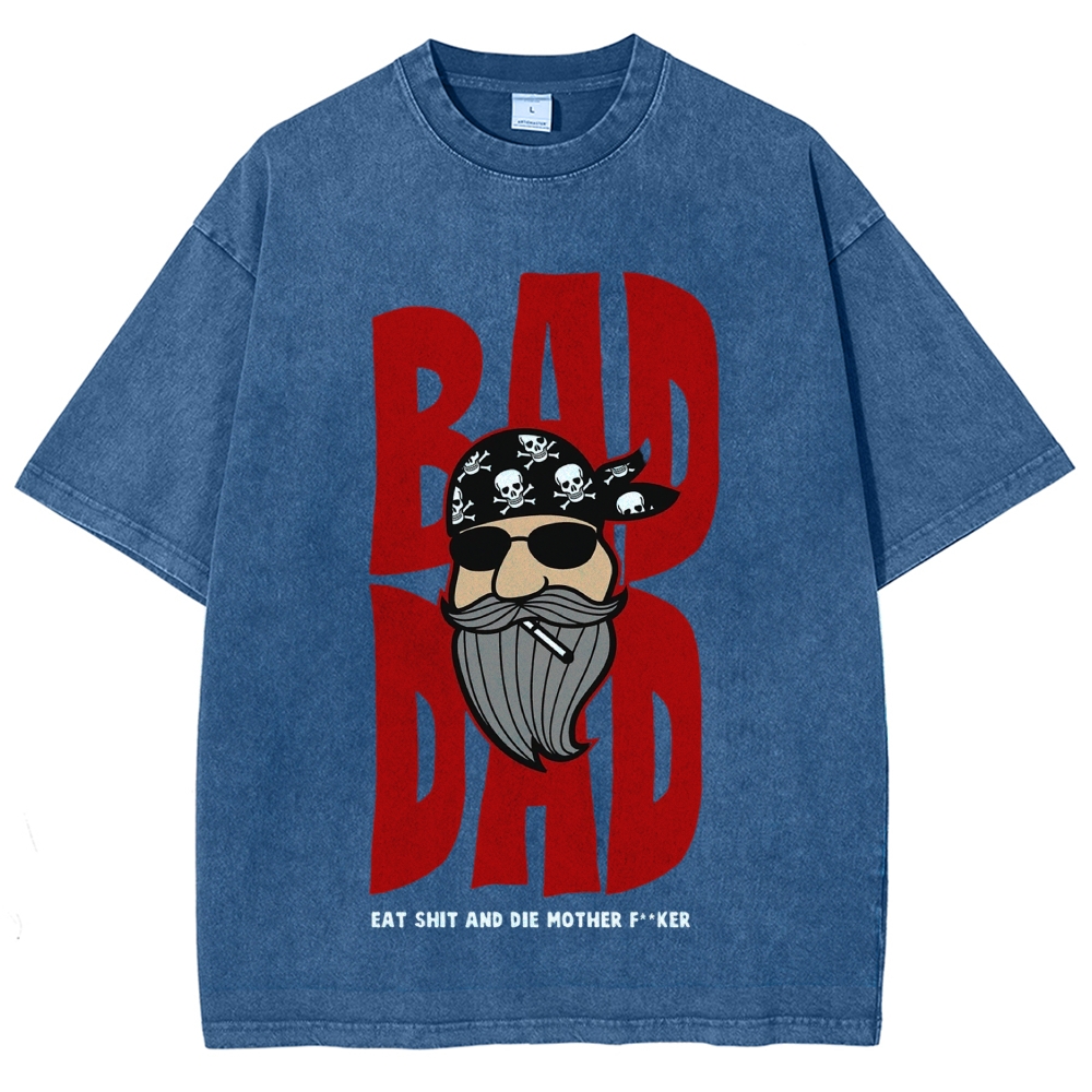 Cartoon Bearded Biker Large Letter  Washed T-Shirt