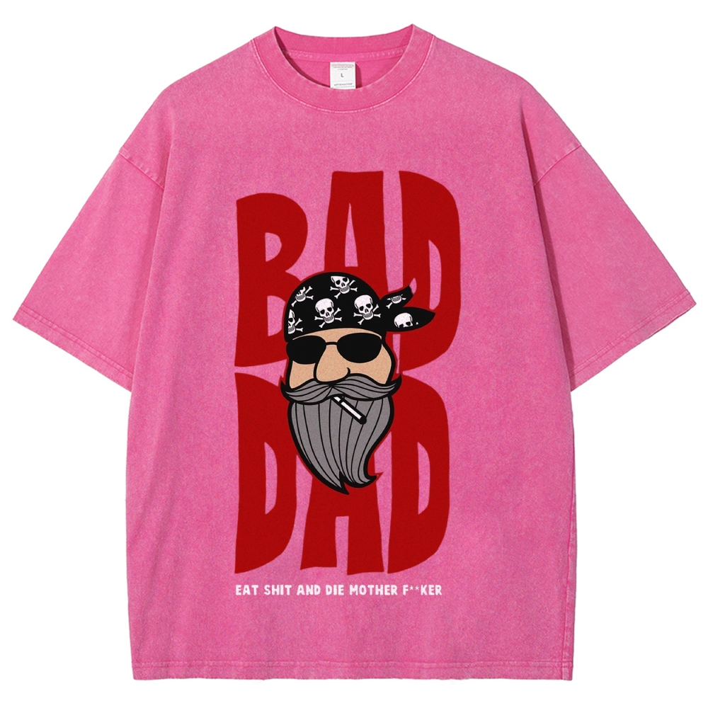 Cartoon Bearded Biker Large Letter  Washed T-Shirt