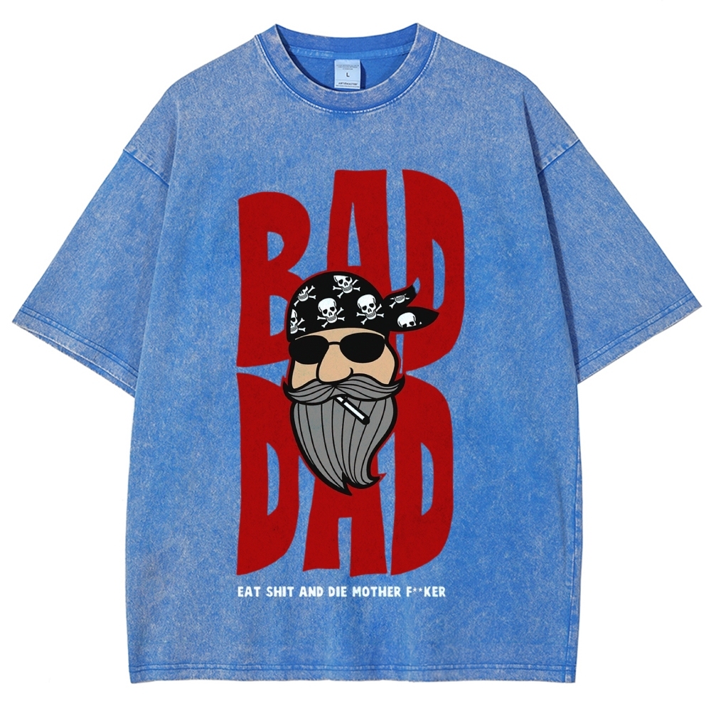 Cartoon Bearded Biker Large Letter  Washed T-Shirt
