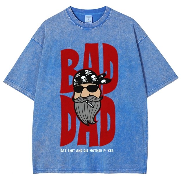 Cartoon Bearded Biker Large Letter  Washed T-Shirt