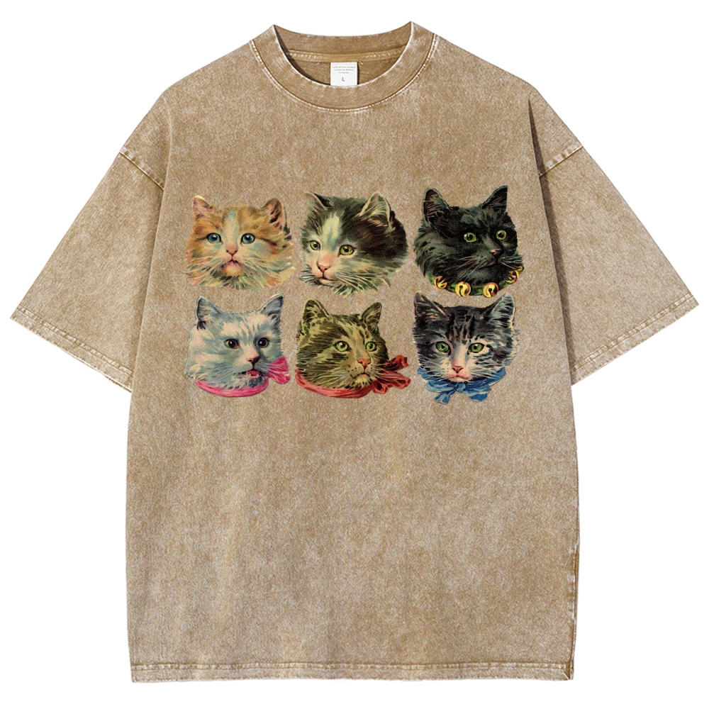 Six Cat Head Portrait  Washed T-Shirt 