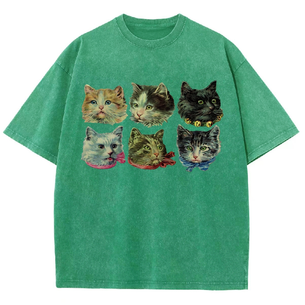 Six Cat Head Portrait  Washed T-Shirt 