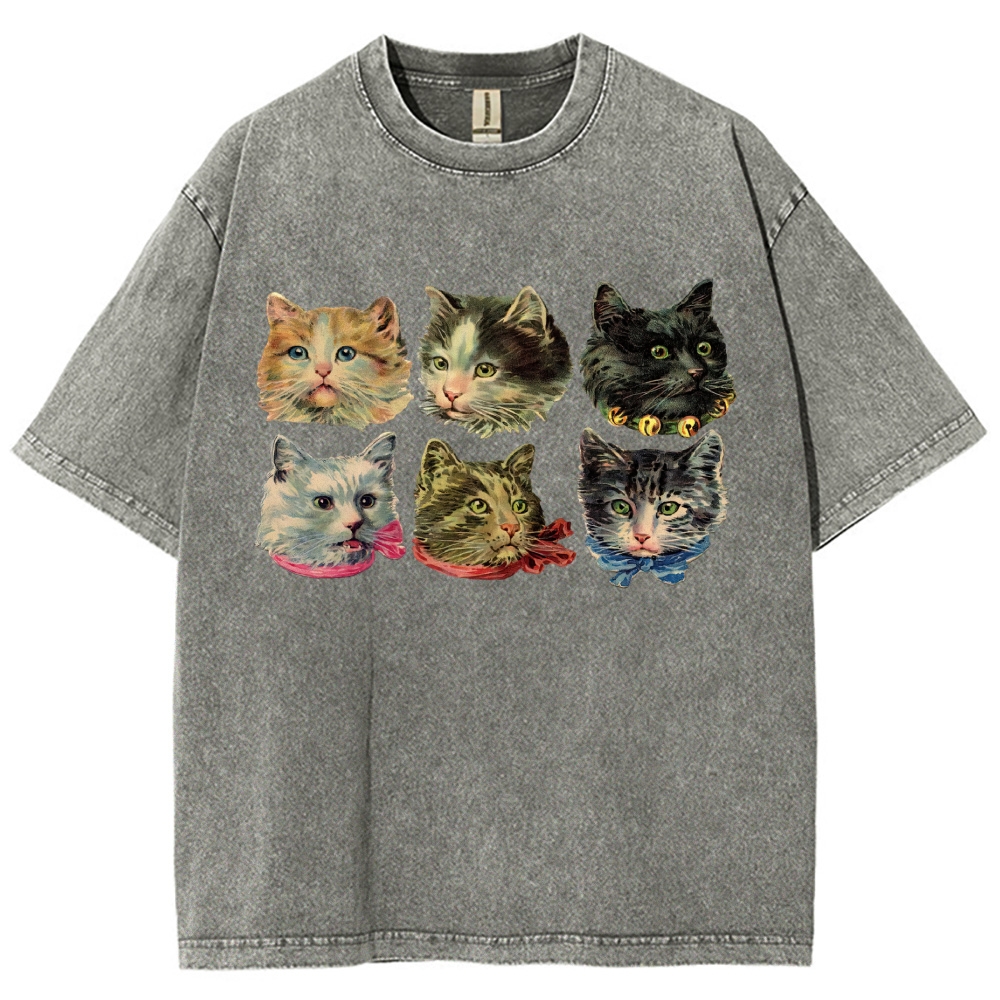 Six Cat Head Portrait  Washed T-Shirt 