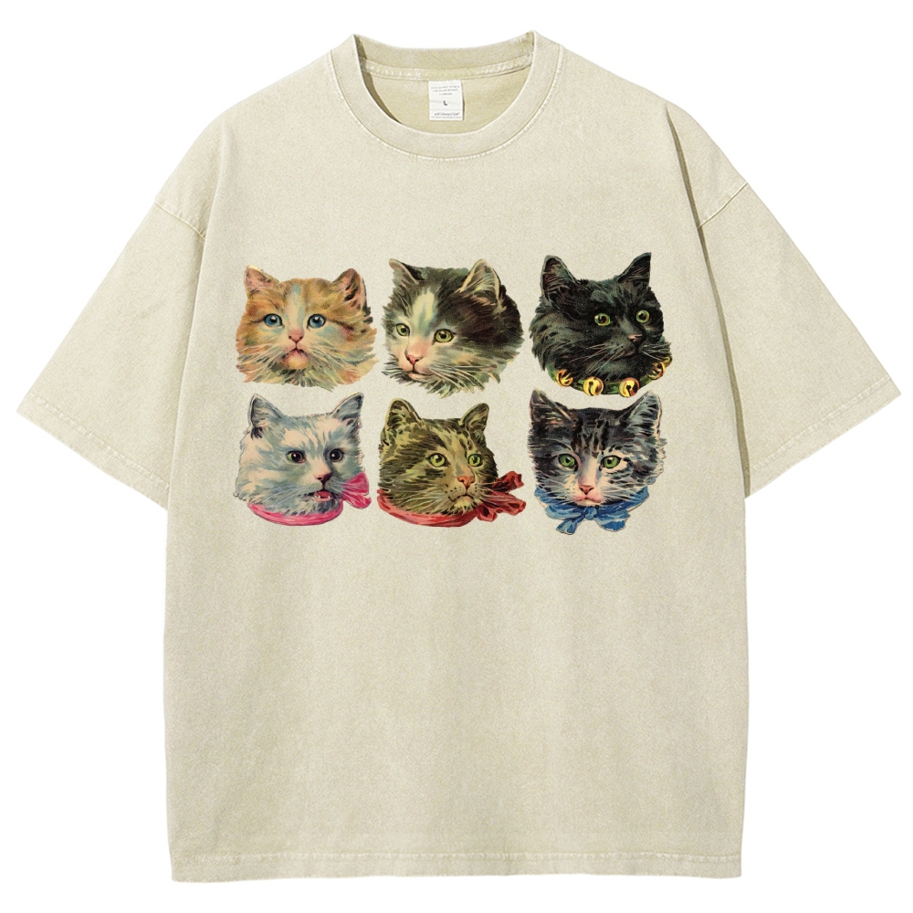 Six Cat Head Portrait  Washed T-Shirt 