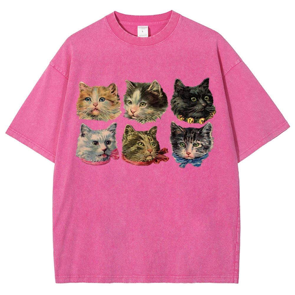 Six Cat Head Portrait  Washed T-Shirt 