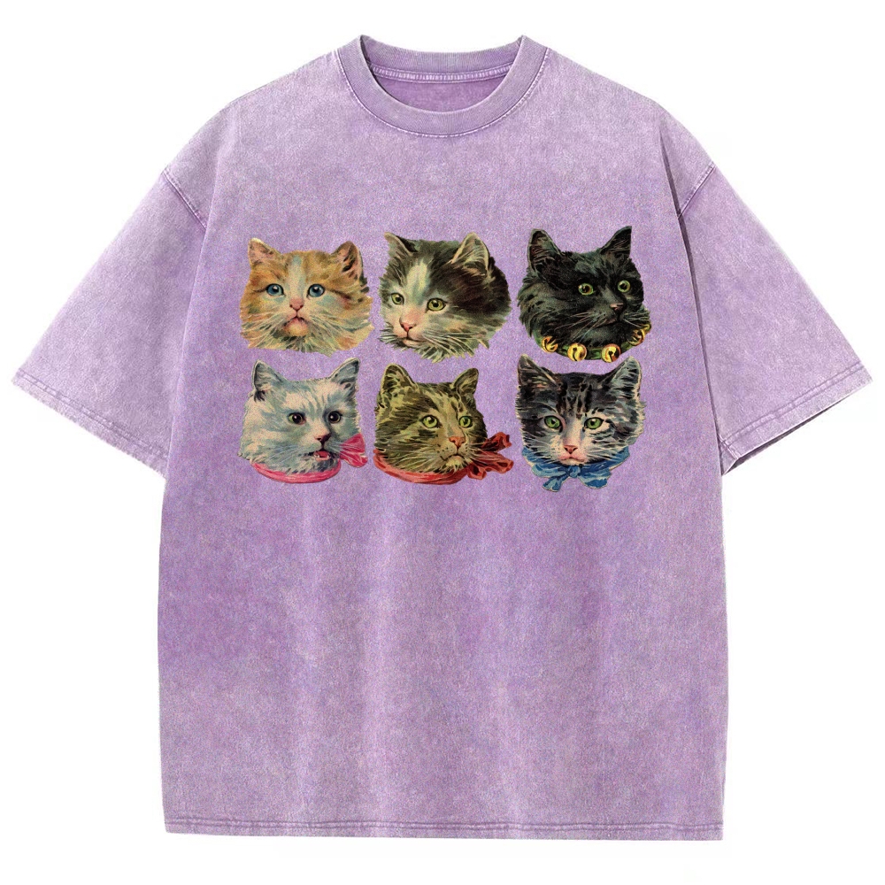 Six Cat Head Portrait  Washed T-Shirt 