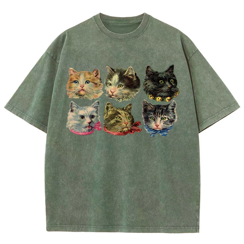 Six Cat Head Portrait  Washed T-Shirt 
