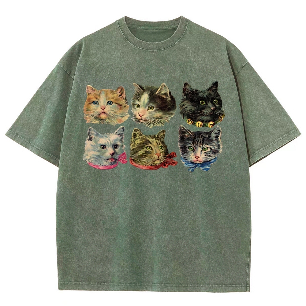 Six Cat Head Portrait  Washed T-Shirt 
