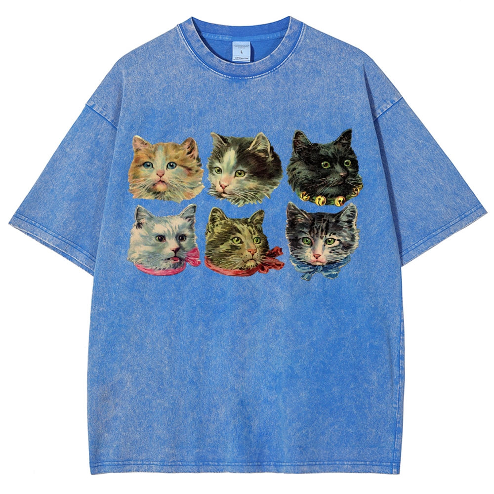 Six Cat Head Portrait  Washed T-Shirt 