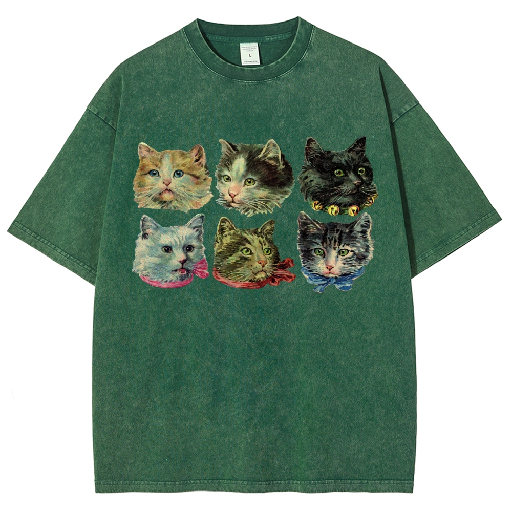 Six Cat Head Portrait  Washed T-Shirt 