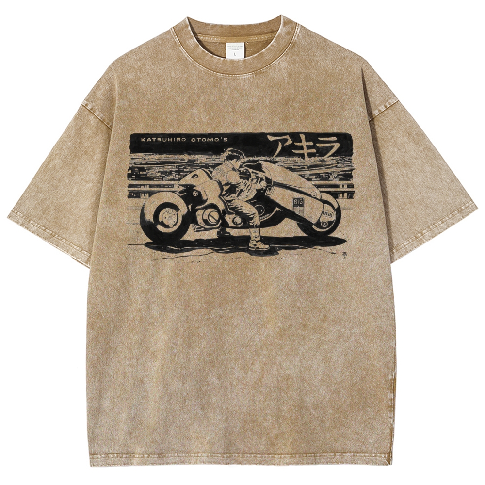 Manga Motorcycle Rider Line Art Washed T-Shirt 